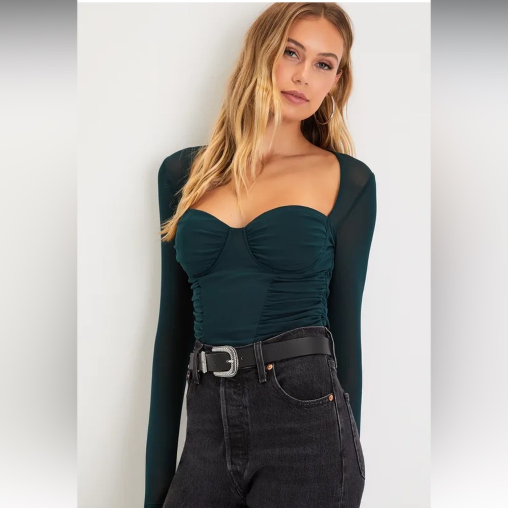 NWT Lulus Coy Cutie Dark Green Mesh Bustier Long Sleeve Crop Top Size Small